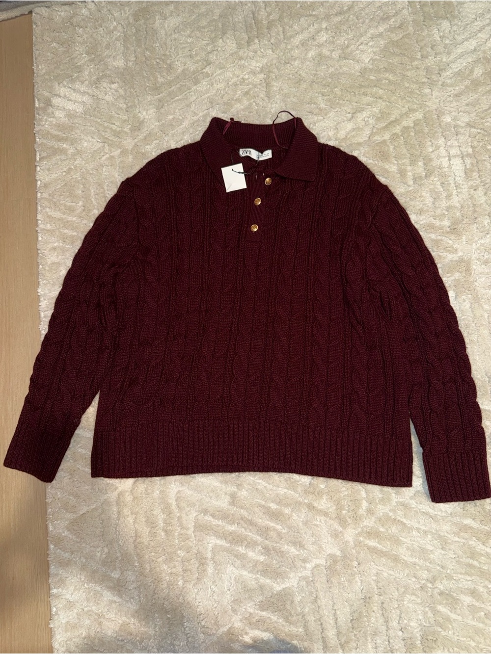 NWOT Zara Cable Knit Polo Sweater - Deep Wine